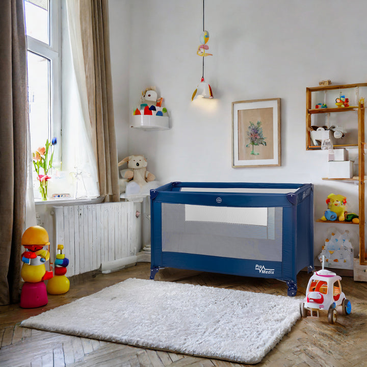 Lit de voyage Promedix, 125x65x74cm, bleu, roulettes, housse de protection, PR-803B + Pot de bébé jetable Tron flamingo 10pcs