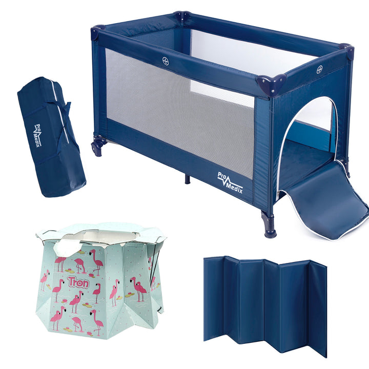 Lit de voyage Promedix, 125x65x74cm, bleu, roulettes, housse de protection, PR-803B + Pot de bébé jetable Tron flamingo 10pcs