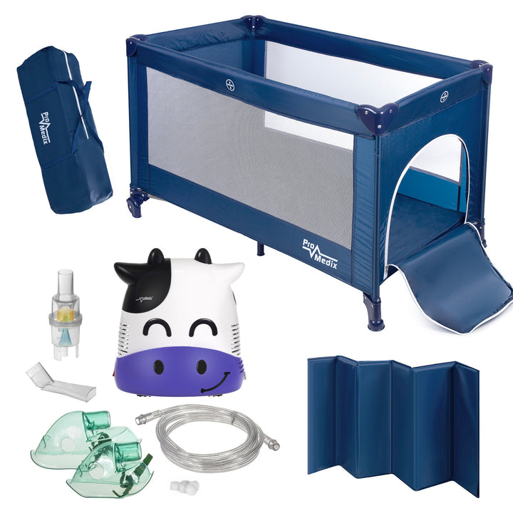 Lit de voyage Promedix, 125x65x74cm, bleu, roulettes, housse de protection, PR-803B + inhalateur Baby fudge PR-810