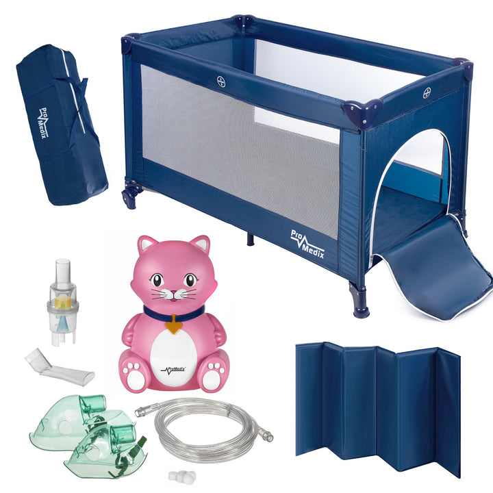 Lit de voyage Promedix, 125x65x74cm, bleu, roulettes, housse de protection, PR-803B + Inhalateur de chat pour bébé PR-816