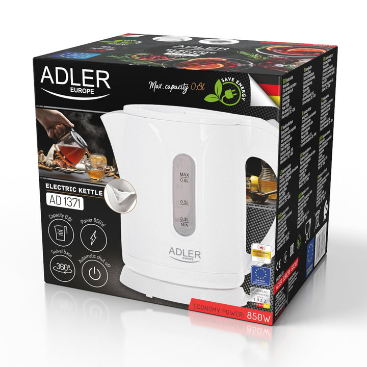 Bouilloire électrique sans fil Adler, capacité 0,8 L, puissance 850 W, AD1371