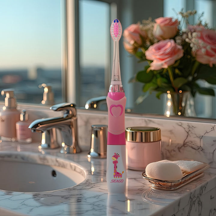 Brosse à dents sonique pour enfants SEAGO, rose, 1xAA 1,5V (non inclus), 3 embouts, SG-977 Pink