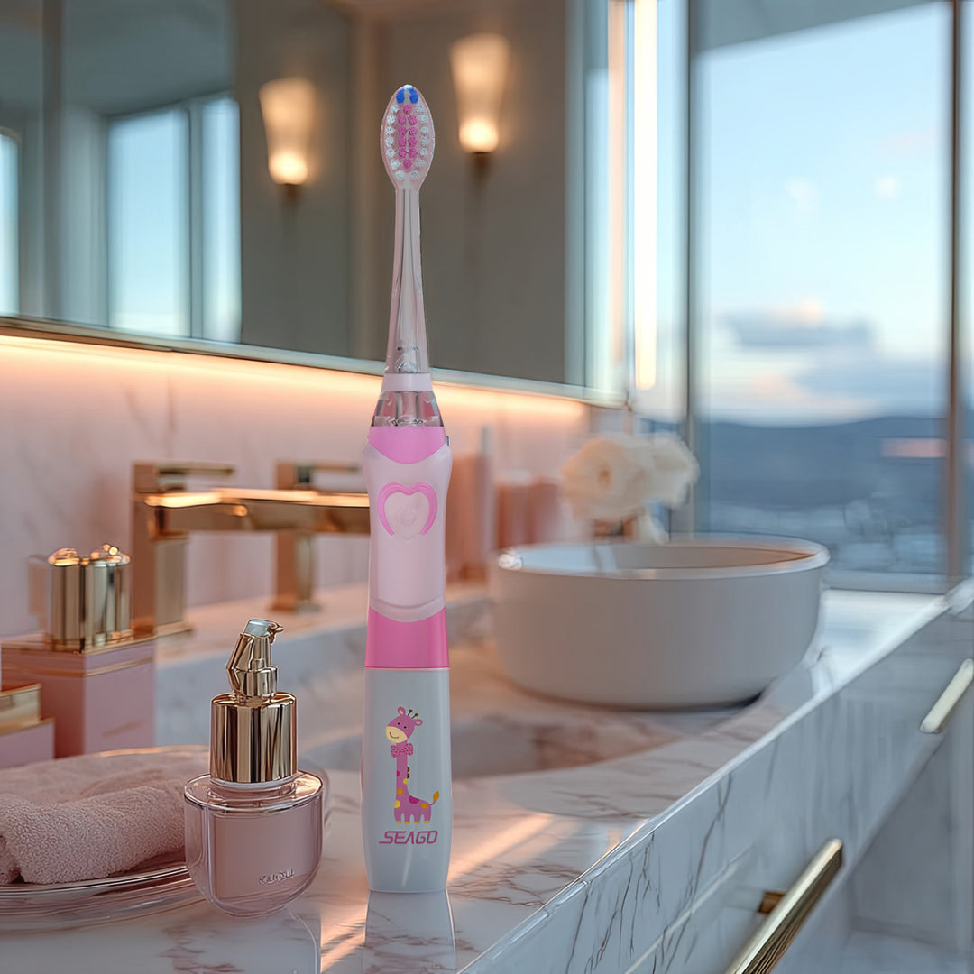 Brosse à dents sonique pour enfants SEAGO, rose, 1xAA 1,5V (non inclus), 3 embouts, SG-977 Pink