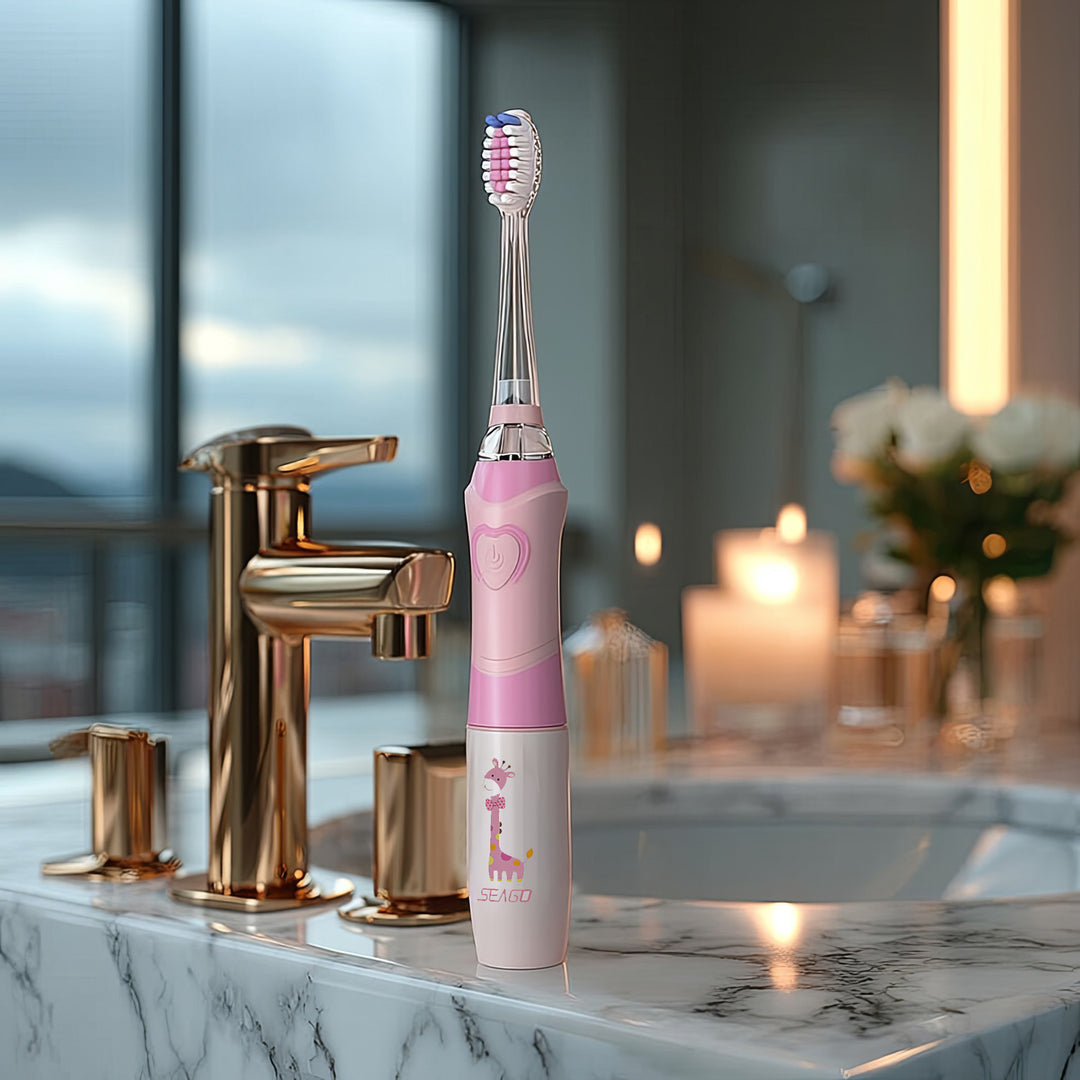 Brosse à dents sonique pour enfants SEAGO, rose, 1xAA 1,5V (non inclus), 3 embouts, SG-977 Pink