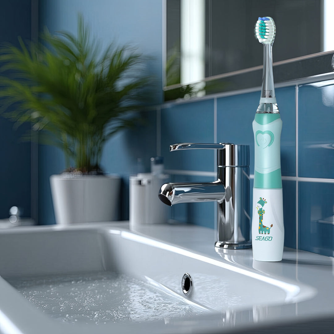 Brosse à dents sonique pour enfants SEAGO, couleur verte, 1xAA 1,5V (non inclus), 3 embouts, SG-977 Green