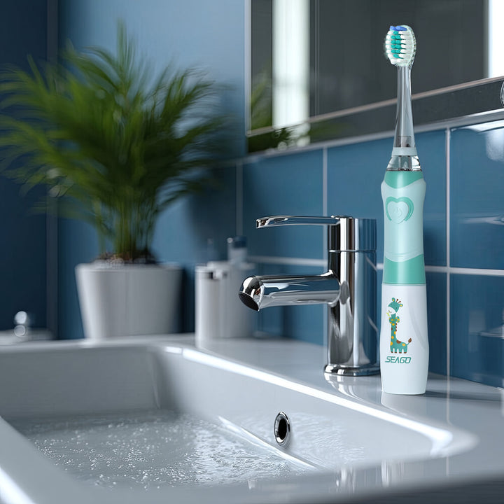 Brosse à dents sonique pour enfants SEAGO, couleur verte, 1xAA 1,5V (non inclus), 3 embouts, SG-977 Green