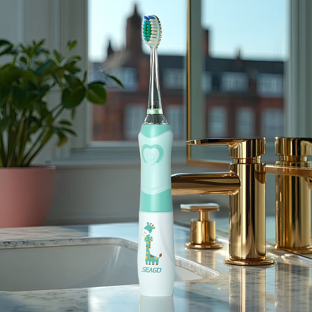 Brosse à dents sonique pour enfants SEAGO, couleur verte, 1xAA 1,5V (non inclus), 3 embouts, SG-977 Green