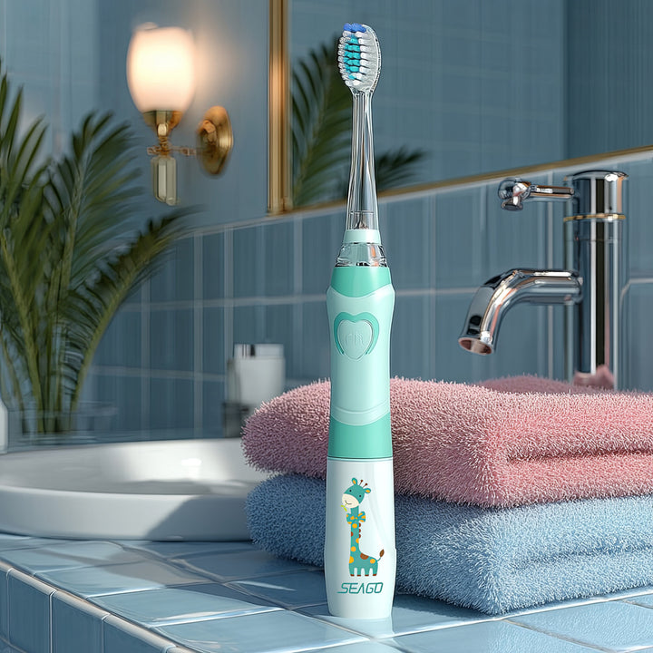 Brosse à dents sonique pour enfants SEAGO, couleur verte, 1xAA 1,5V (non inclus), 3 embouts, SG-977 Green