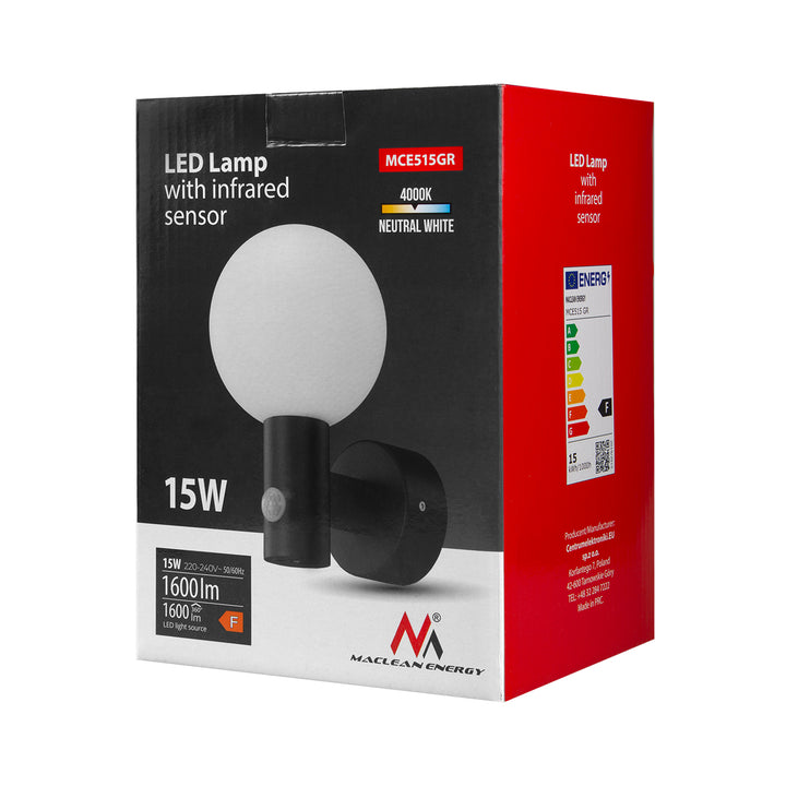 Maclean Détecteur de mouvement PIR Lampe LED grise 15W IP65 1600lm 4000K