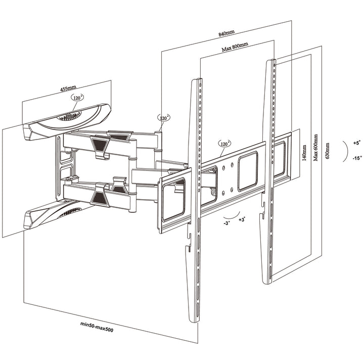 Maclean MC-423 Support TV max VESA 800x600 43-100" 80kg réglage de l'angle horizontal et vertical profil 50-500mm noir