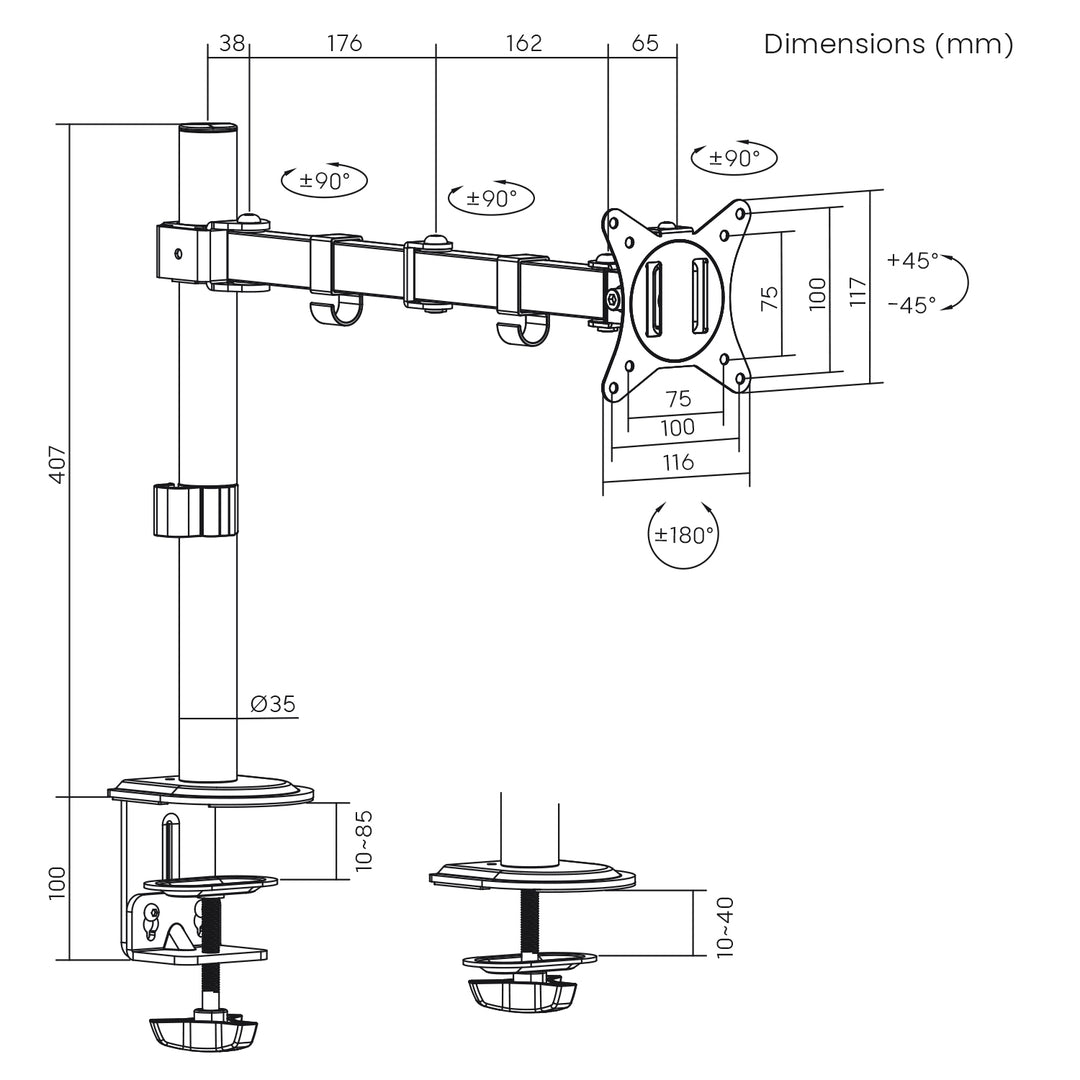 Support de bureau Maclean pour moniteur LCD, 17-32", 9kg, VESA 75x75 et 100x100 double bras, MC-753N