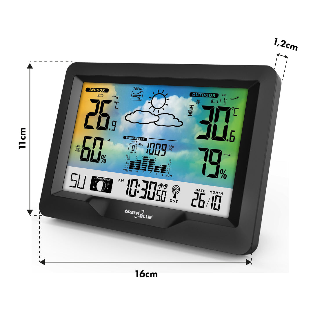 Station météo sans fil GreenBlue, couleur, avec DCF, phases de lune, baromètre, calendrier, alimentation, GB540N