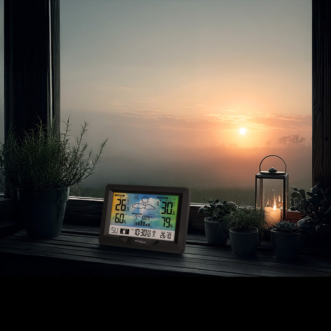 Station météo sans fil GreenBlue, couleur, avec DCF, phases de lune, baromètre, calendrier, alimentation, GB540N