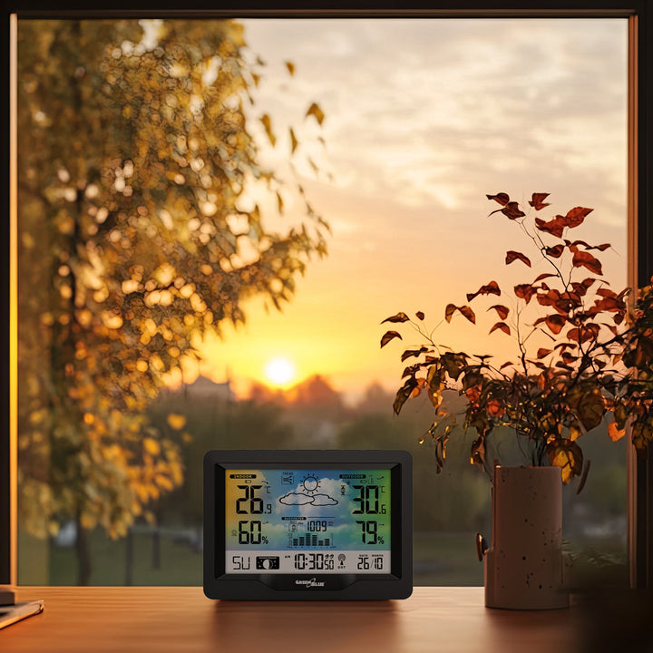 Station météo sans fil GreenBlue, couleur, avec DCF, phases de lune, baromètre, calendrier, alimentation, GB540N
