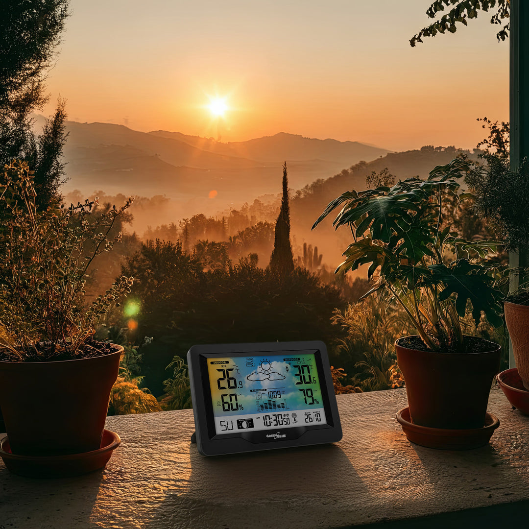 Station météo sans fil GreenBlue, couleur, avec DCF, phases de lune, baromètre, calendrier, alimentation, GB540N