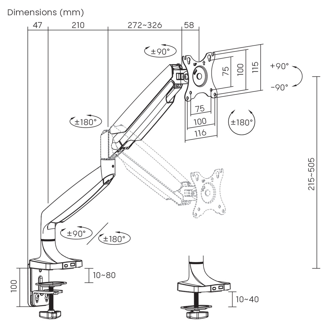 Support de moniteur Maclean, double bras, avec ressort à gaz, 17"-45", 16 kg, MC-969