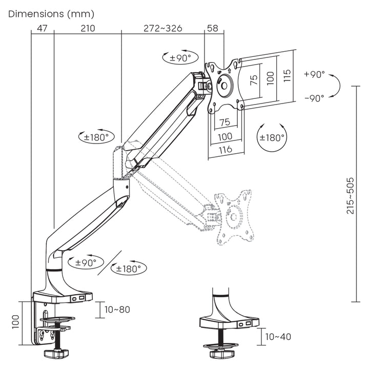 Support de moniteur Maclean, double bras, avec ressort à gaz, 17"-45", 16 kg, MC-969