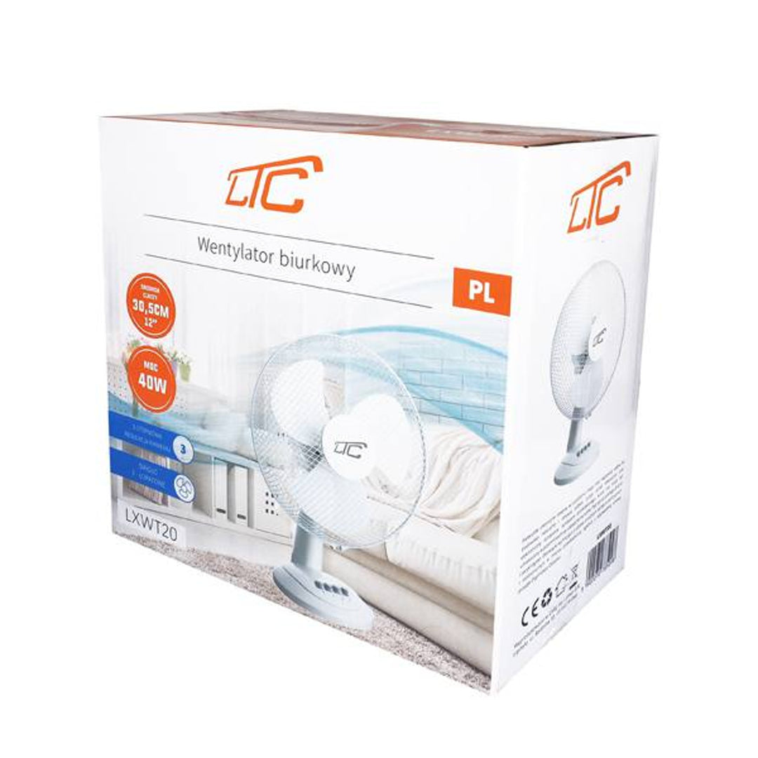 Ventilateur de bureau LTC, oscillant, réglable en angle, 38W, blanc, LXWT20