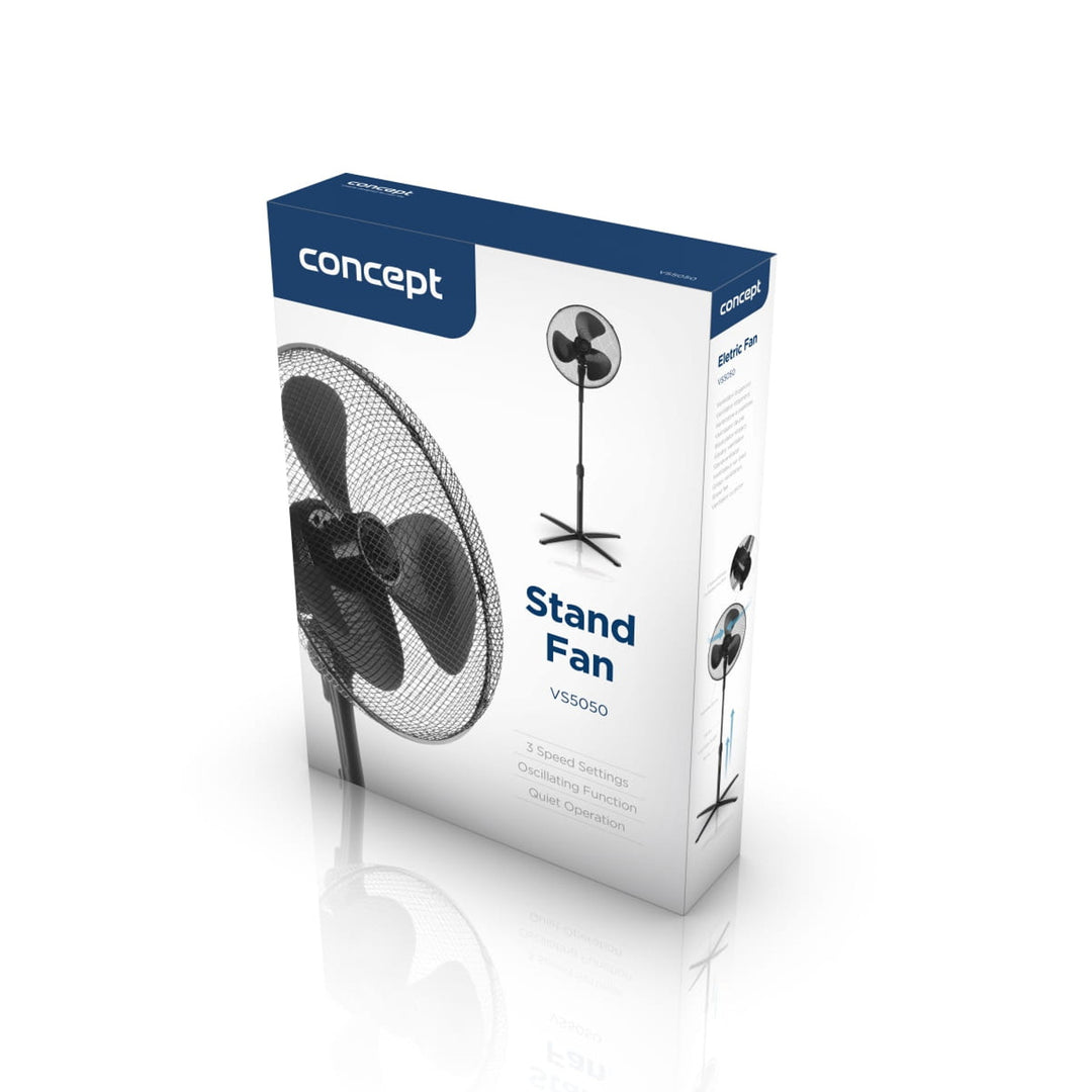 Ventilateur sur pied Concept VS5050, 40W, 3 vitesses réglables, design noir élégant, parfait pour rafraîchir votre intérieur avec style et efficacité.