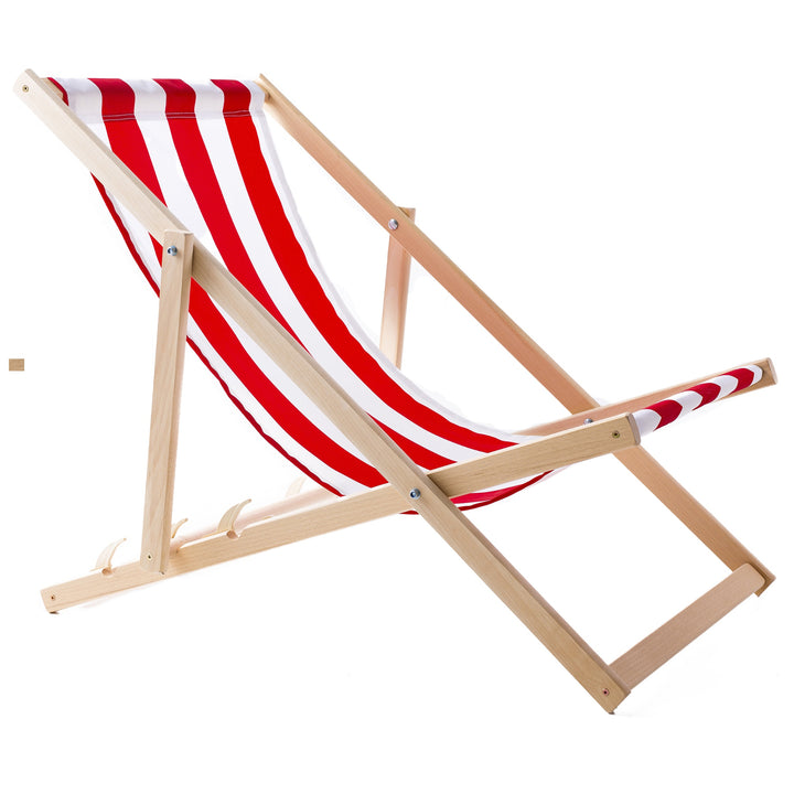 4 confortables chaises longues en bois, à rayures rouges, idéales pour la plage, le balcon, la terrasse, l'assemblée