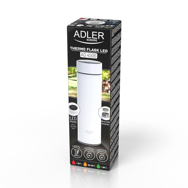 Thermos Adler, écran tactile LED, capacité 473 ml, couleur blanche, AD 4506