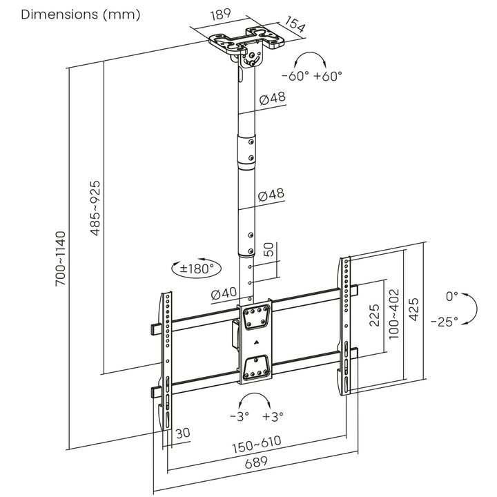 Support de montage au plafond pour Maclean TV, charge max. 60kg, 43-86", max VESA 600x400, MC-112 B