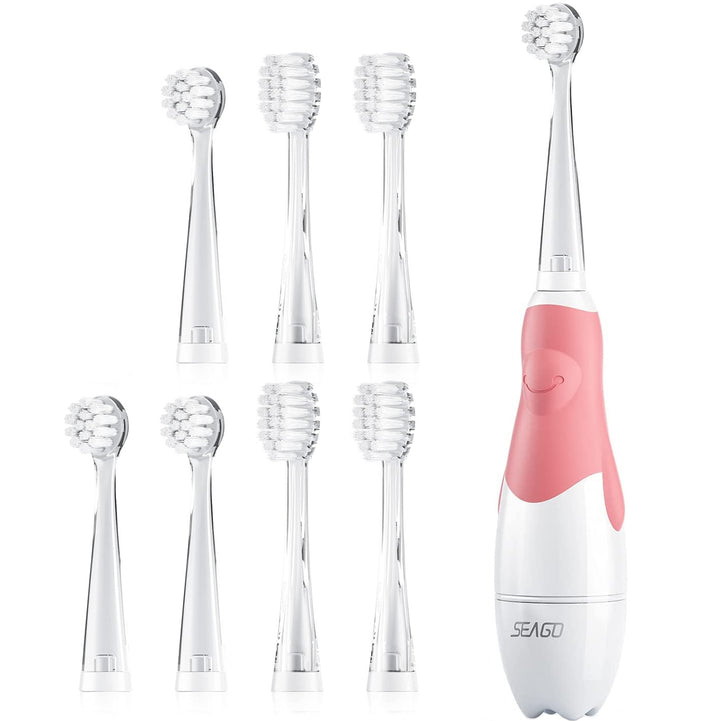 Brosse à dents sonique pour enfants SEAGO, couleur rose, 1xAA 1,5V (non inclus), 4 embouts, SG-513 Pink + Set de brosses à dents de rechange pour SG-513, SG-977 SEAGO, 4 pcs, couleur transparente, SG-513 Refill
