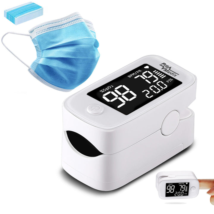 Promedix PR-870 1.5" HD LED oxymètre de pouls médical + 2x Masques médicaux CE EN 14683:2019 - set - couleur bleu 10 pièces Promedix PR-280 BFE>98%