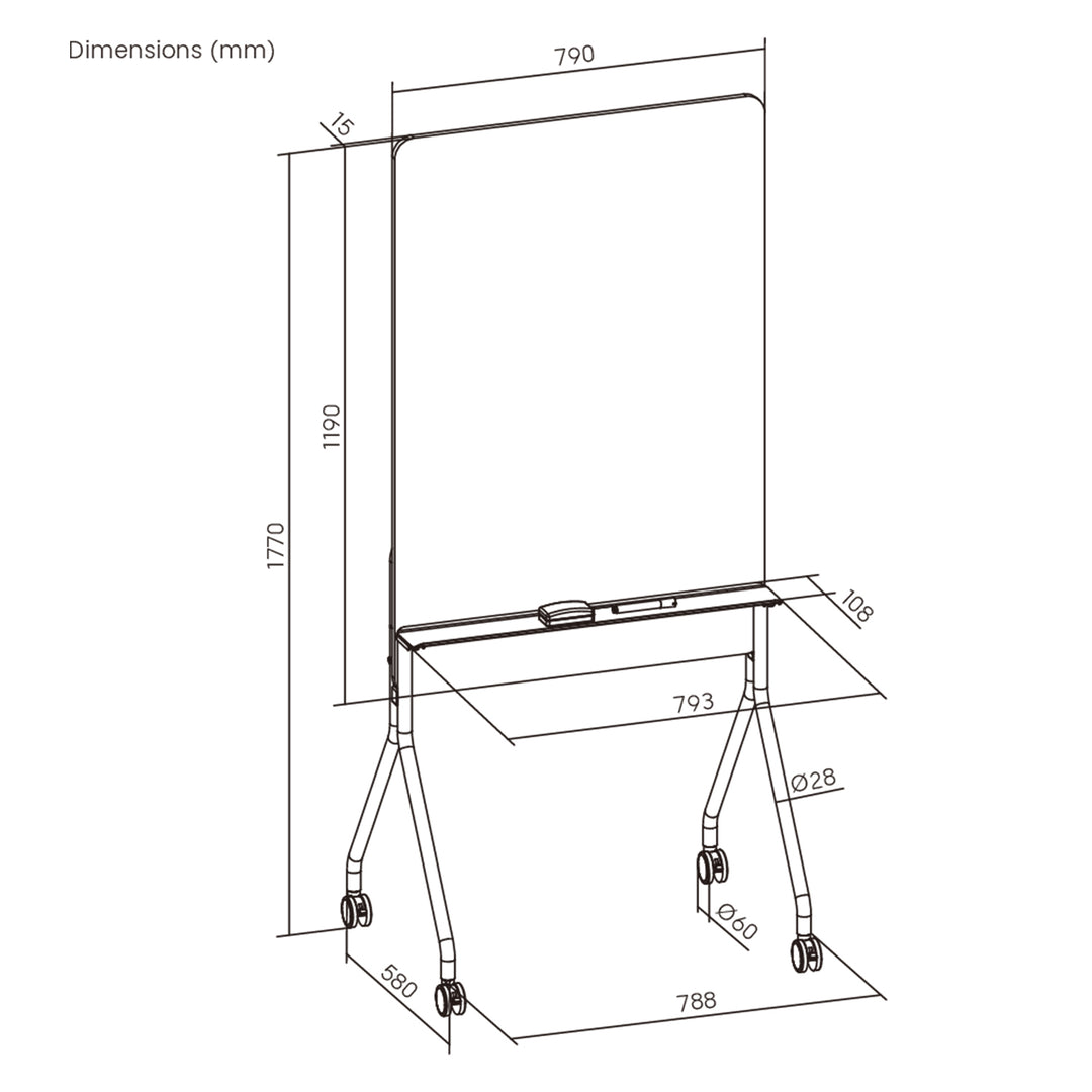 Tableau effaçable à sec mobile Ergo Office, orientation verticale, blanc, simple face, avec étagère, dimensions du tableau 1190x790mm, ER-305