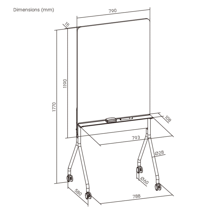 Tableau effaçable à sec mobile Ergo Office, orientation verticale, blanc, simple face, avec étagère, dimensions du tableau 1190x790mm, ER-305