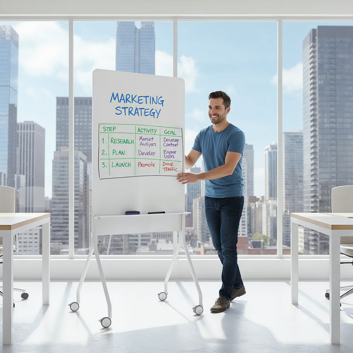 Tableau effaçable à sec mobile Ergo Office, orientation verticale, blanc, simple face, avec étagère, dimensions du tableau 1190x790mm, ER-305