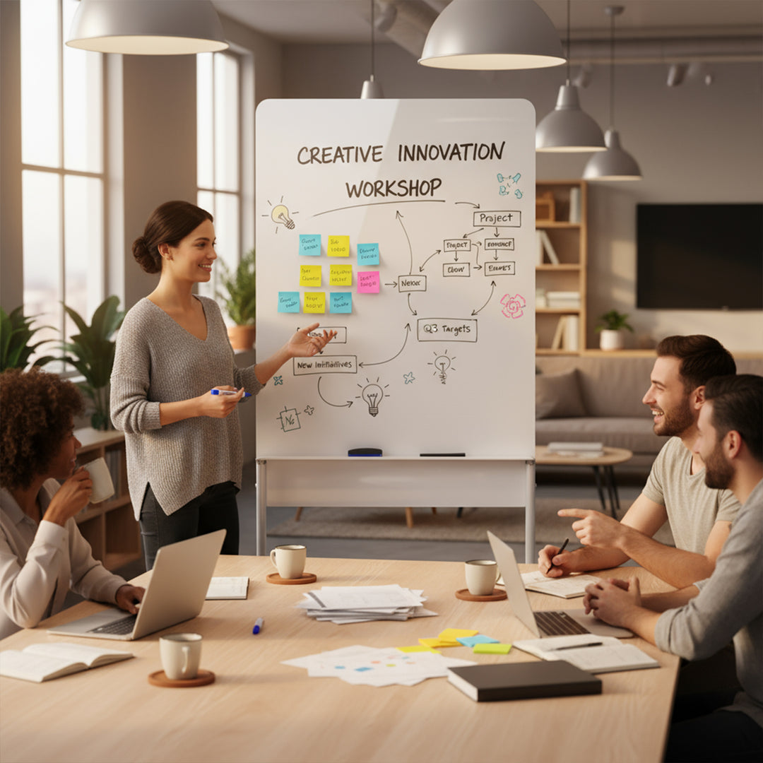 Tableau effaçable à sec mobile Ergo Office, orientation verticale, blanc, simple face, avec étagère, dimensions du tableau 1190x790mm, ER-305