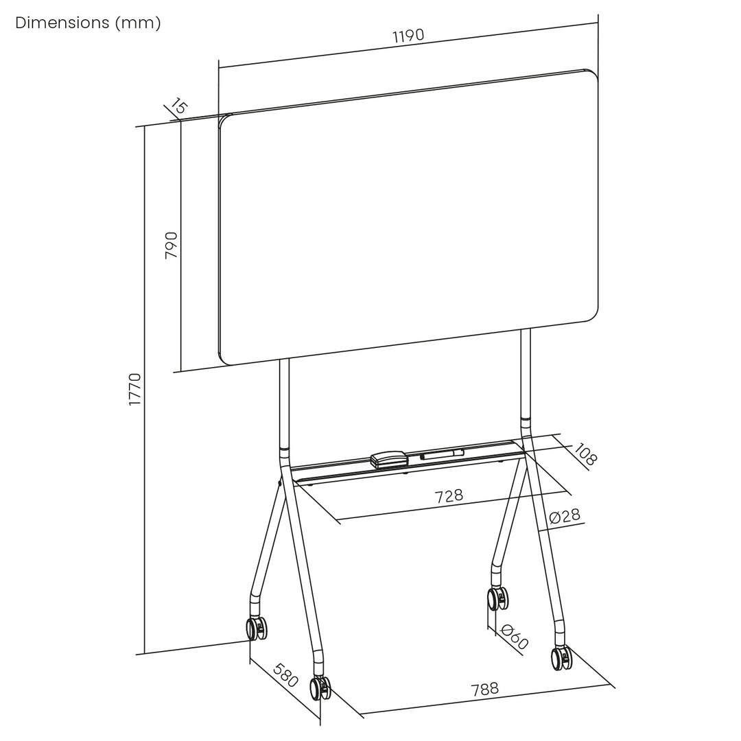 Tableau effaçable à sec mobile Ergo Office, orientation horizontale, blanc, simple face, avec étagère, dimensions du tableau 1190x790mm, ER-306
