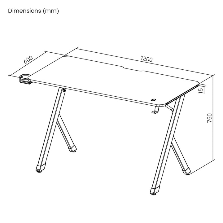 Bureau de jeu NanoRS, noir, avec porte-casque et porte-gobelet, rétro-éclairage RGB, max. 75kg, dimensions 1200x600x750mm, RS102