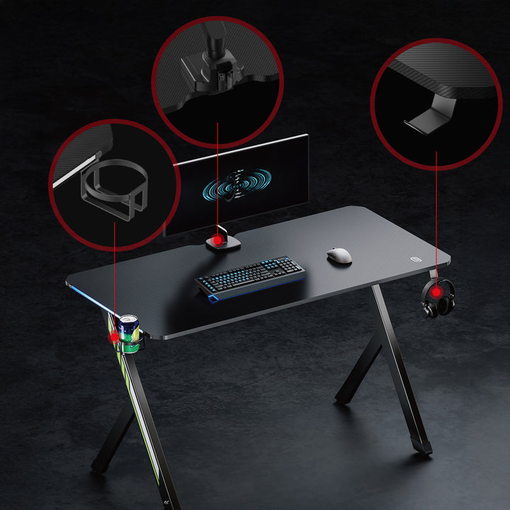 Bureau de jeu NanoRS, noir, avec porte-casque et porte-gobelet, rétro-éclairage RGB, max. 75kg, dimensions 1200x600x750mm, RS102