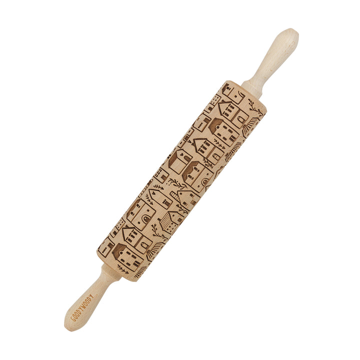 Rouleau à gâteau gravé Goody Woody, 46 cm, bois de hêtre, ville scandinave