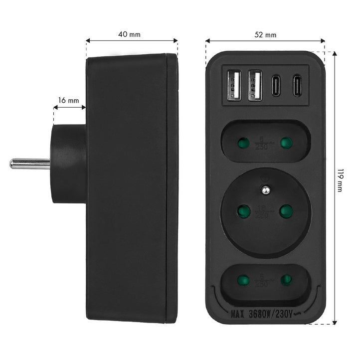 Prise de courant x3 + 4xUSB Maclean, splitter 3 prises, 2xUSB A, 2xUSB C PD 20W, 1x16A + 2x6A, MCE248 F/B