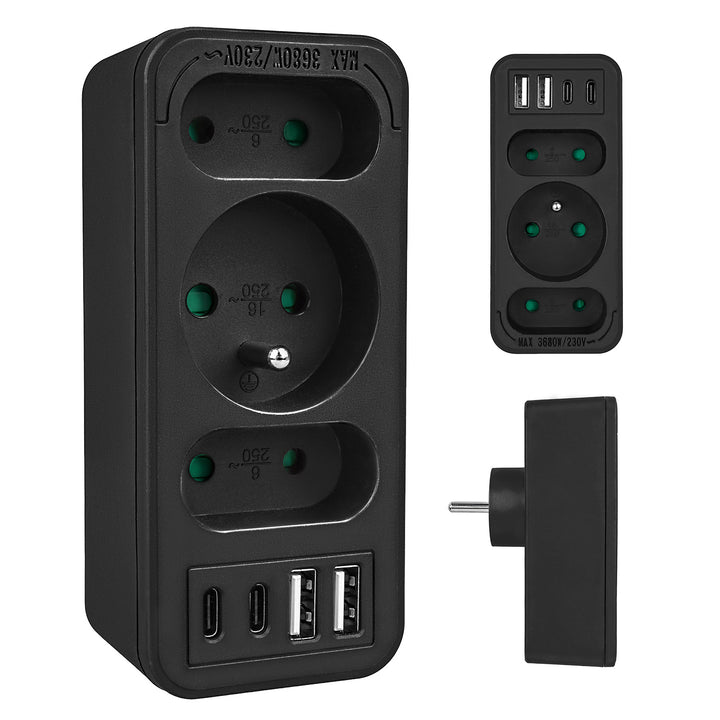 Prise de courant x3 + 4xUSB Maclean, splitter 3 prises, 2xUSB A, 2xUSB C PD 20W, 1x16A + 2x6A, MCE248 F/B