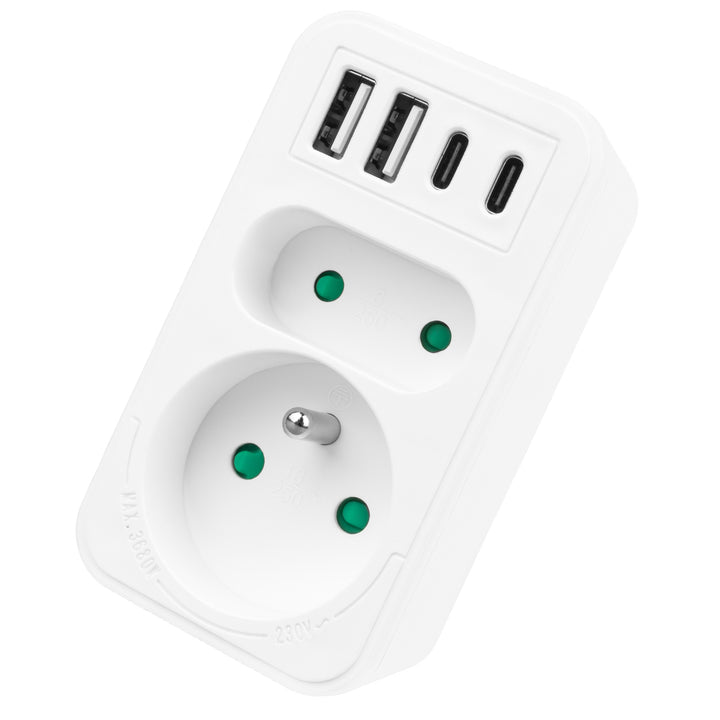 Prise courant Maclean x2 + 4xUSB, splitter avec 2 prises, 2xUSB A, 2xUSB C PD 20W, 1x16A + 1x6A, MCE249 F/W