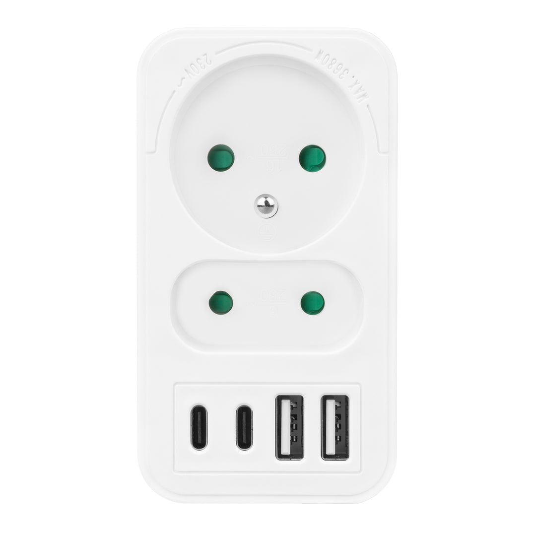Prise courant Maclean x2 + 4xUSB, splitter avec 2 prises, 2xUSB A, 2xUSB C PD 20W, 1x16A + 1x6A, MCE249 F/W
