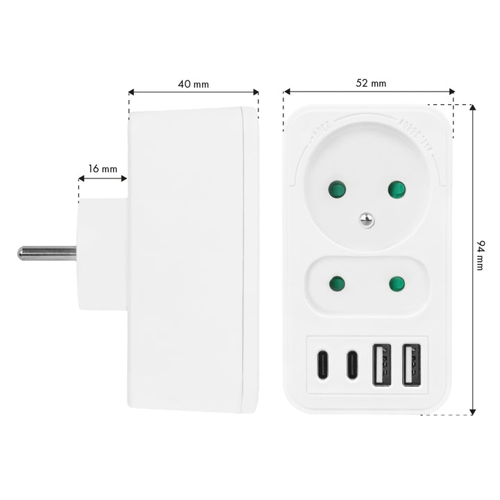 Prise courant Maclean x2 + 4xUSB, splitter avec 2 prises, 2xUSB A, 2xUSB C PD 20W, 1x16A + 1x6A, MCE249 F/W