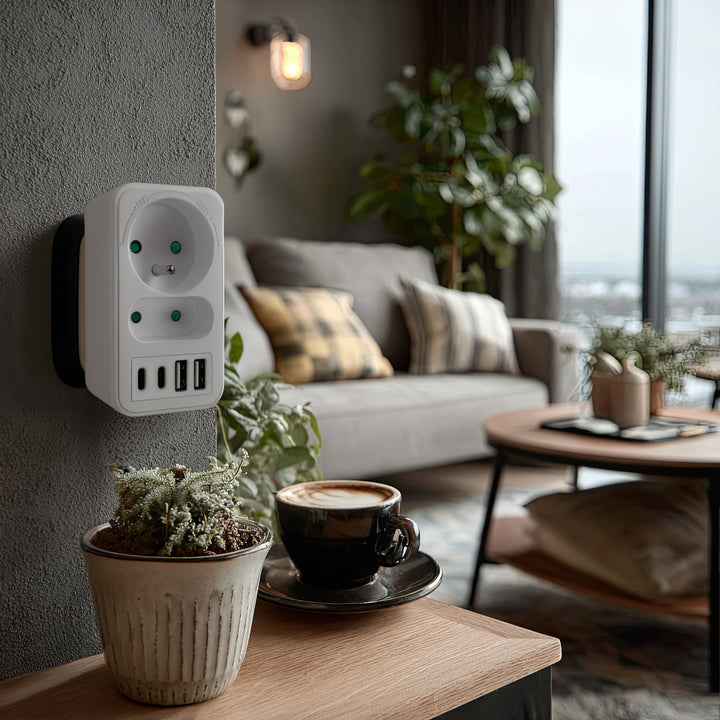 Prise courant Maclean x2 + 4xUSB, splitter avec 2 prises, 2xUSB A, 2xUSB C PD 20W, 1x16A + 1x6A, MCE249 F/W