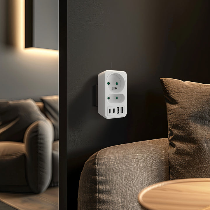 Prise courant Maclean x2 + 4xUSB, splitter avec 2 prises, 2xUSB A, 2xUSB C PD 20W, 1x16A + 1x6A, MCE249 F/W