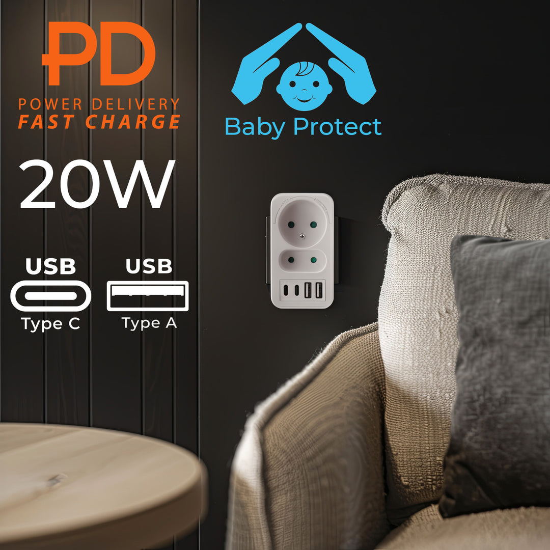 Prise courant Maclean x2 + 4xUSB, splitter avec 2 prises, 2xUSB A, 2xUSB C PD 20W, 1x16A + 1x6A, MCE249 F/W