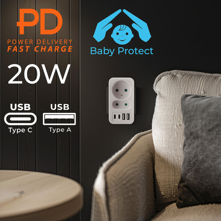 Prise courant Maclean x2 + 4xUSB, splitter avec 2 prises, 2xUSB A, 2xUSB C PD 20W, 1x16A + 1x6A, MCE249 F/W