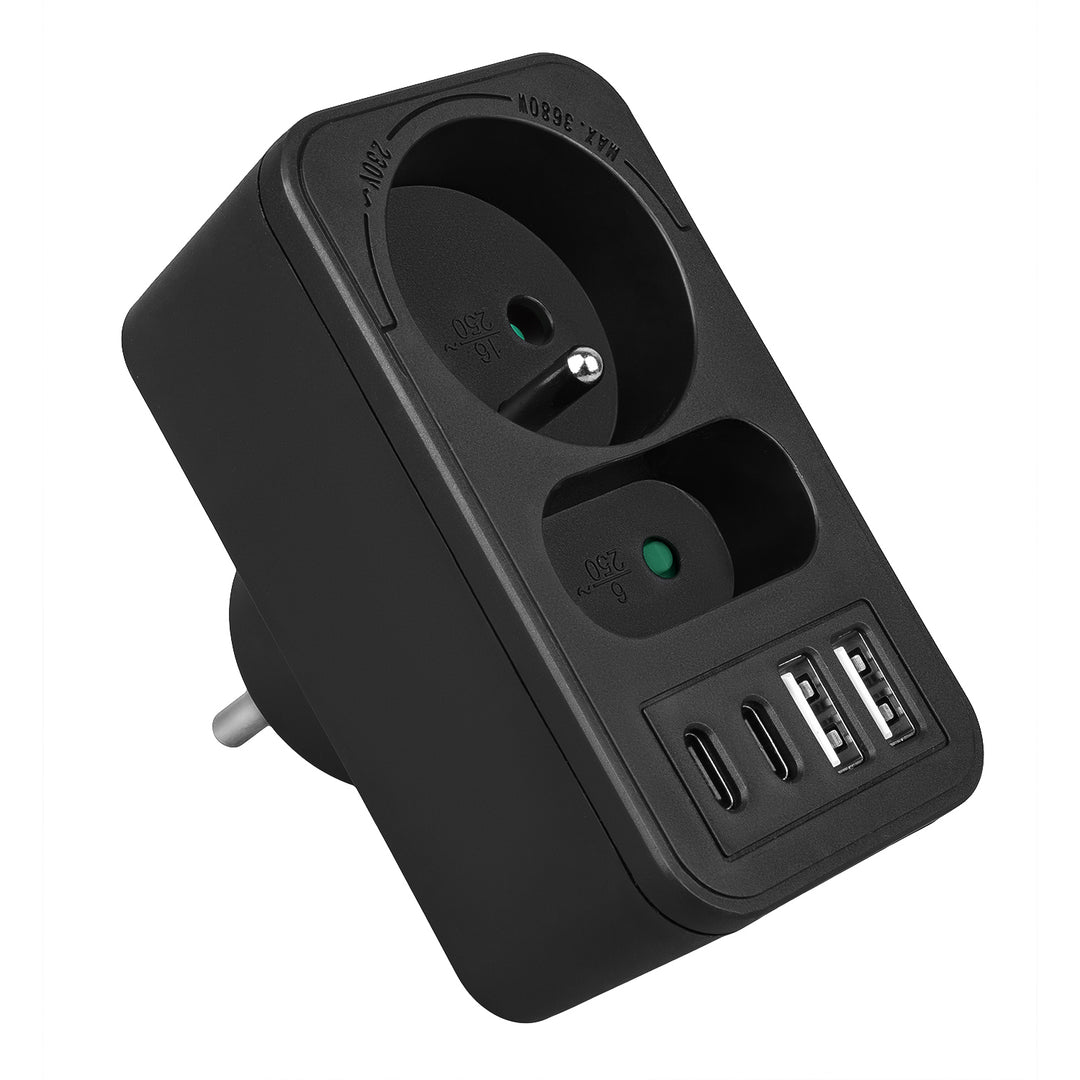 Prise courant Maclean x2 + 4xUSB, splitter avec 2 prises, 2xUSB A, 2xUSB C PD 20W, 1x16A + 1x6A, MCE249 F/W