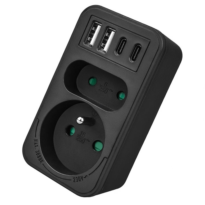 Prise courant Maclean x2 + 4xUSB, splitter avec 2 prises, 2xUSB A, 2xUSB C PD 20W, 1x16A + 1x6A, MCE249 F/W