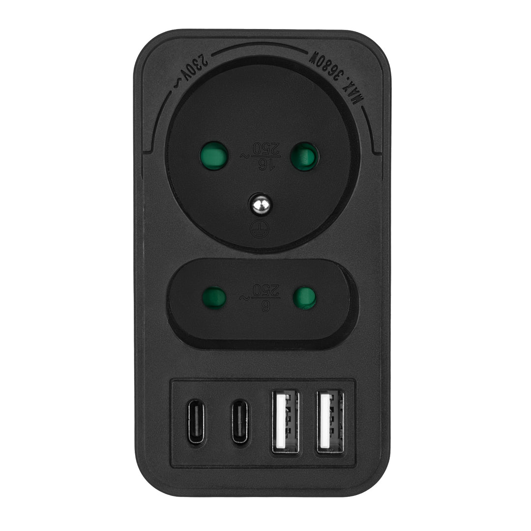 Prise courant Maclean x2 + 4xUSB, splitter avec 2 prises, 2xUSB A, 2xUSB C PD 20W, 1x16A + 1x6A, MCE249 F/W