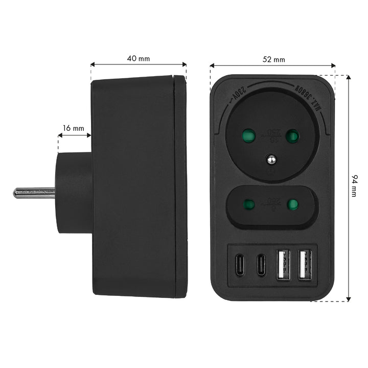 Prise courant Maclean x2 + 4xUSB, splitter avec 2 prises, 2xUSB A, 2xUSB C PD 20W, 1x16A + 1x6A, MCE249 F/W