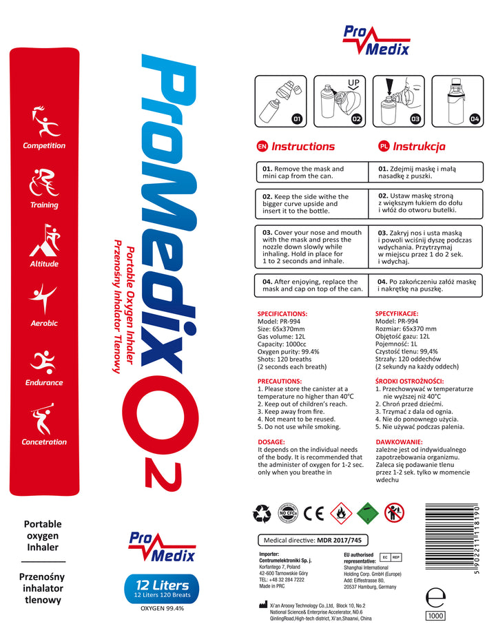 Inhalateur portable d'oxygène en boîte à 99,4% Promedix 12L, PR-994, 6 unités